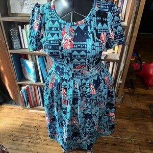 Amelia Lularoe southwest blue feathers fit and flare L dress